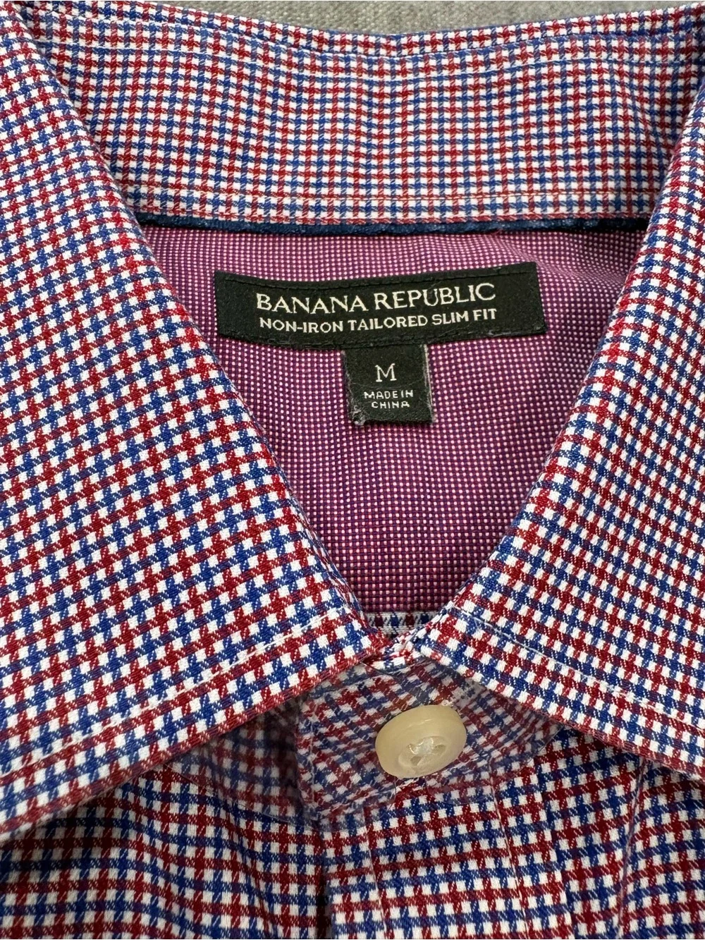 Banana Republic Non-Iron Slim Fit Red Blue Gingham Dress Shirt M Cotton Classic